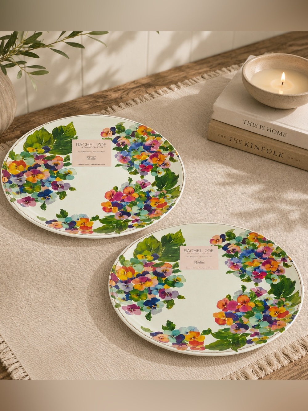 Rachel Zoe Set of 2 Pansies Melamine 9" Salad Plates Outdoor Shabby Chic NEW